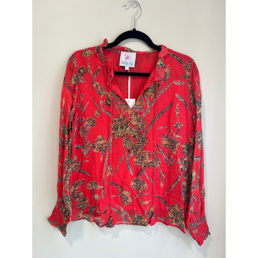 Bella Tu NWT Red Floral Embellished Silk Feel Boho Tunic Blouse Size S